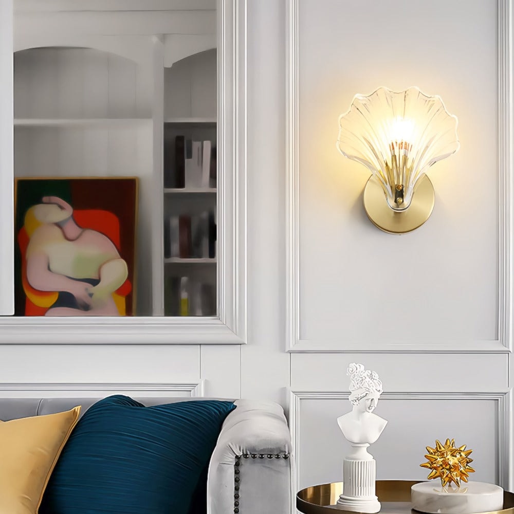 Seashell Wall Sconce with Clear Ribbed Shell Shade and Brass Finish Arm