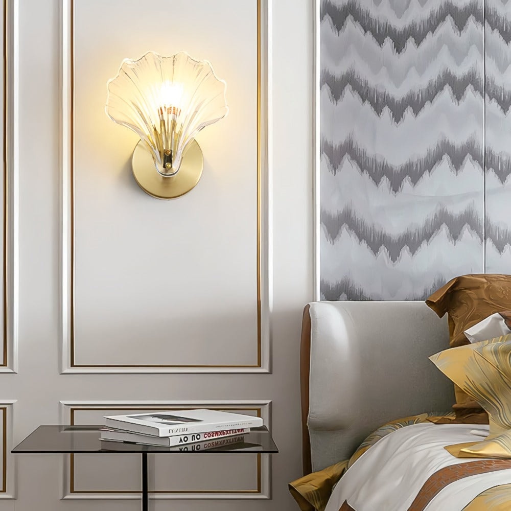Seashell Wall Sconce with Clear Ribbed Shell Shade and Brass Finish Arm