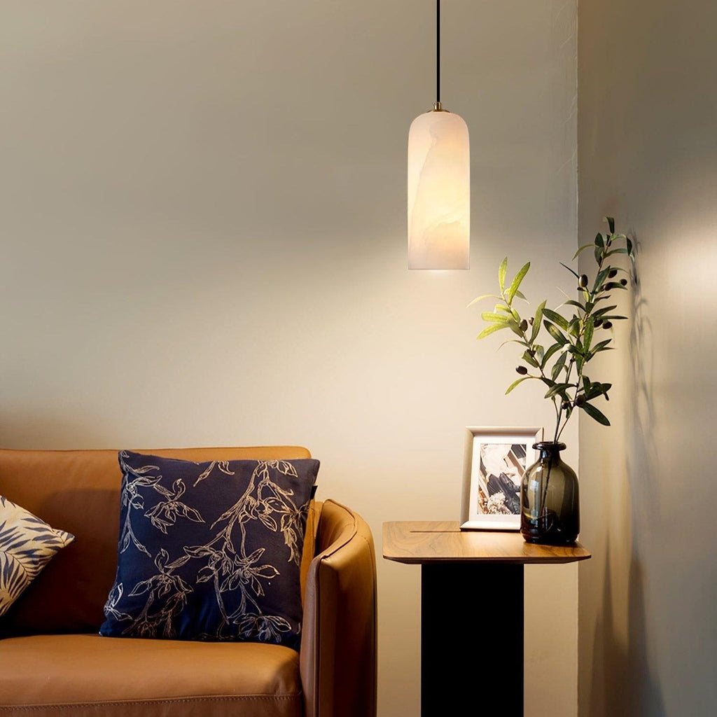 Slim Alabaster Cylinder Pendant Light with Solid Brass Canopy for Kitchen Island