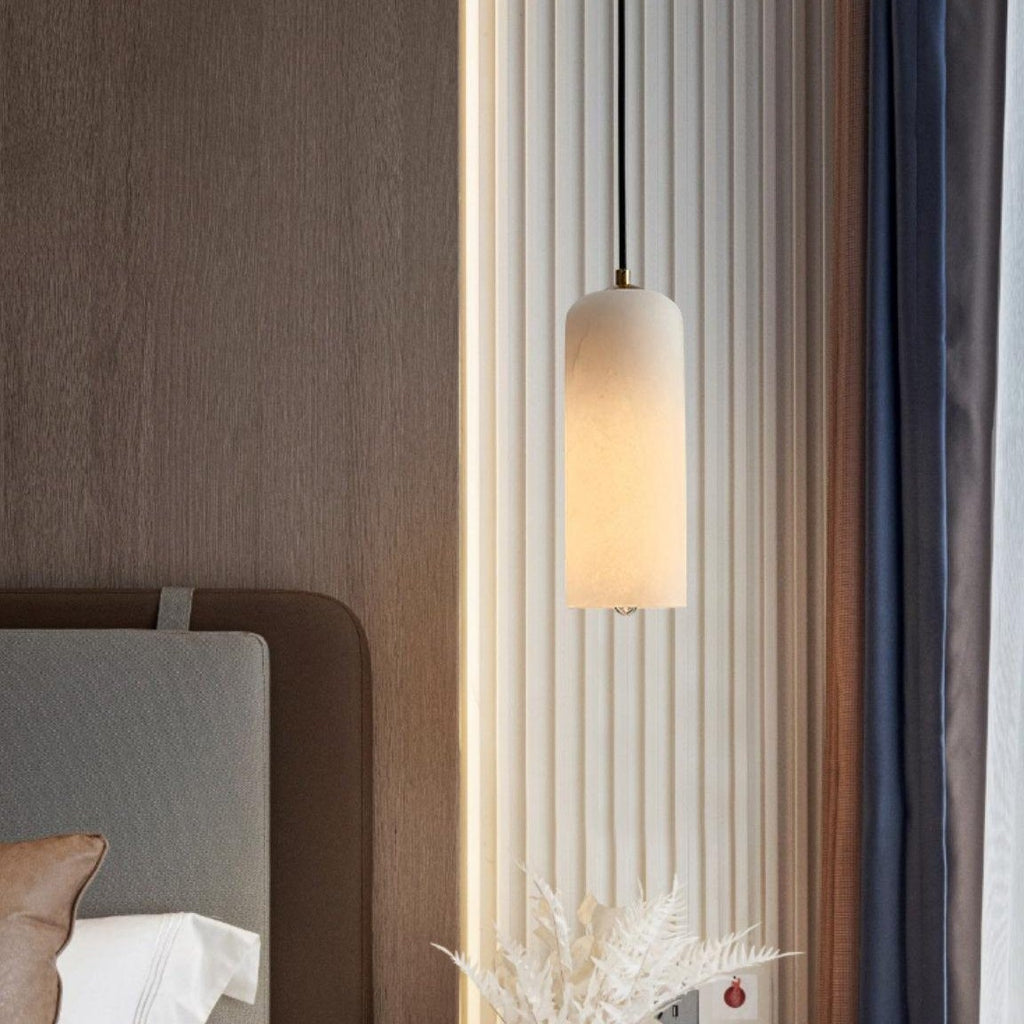Slim Alabaster Cylinder Pendant Light with Solid Brass Canopy for Kitchen Island