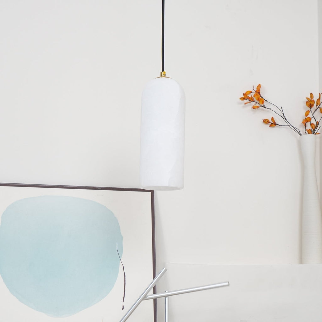 Slim Alabaster Cylinder Pendant Light with Solid Brass Canopy for Kitchen Island