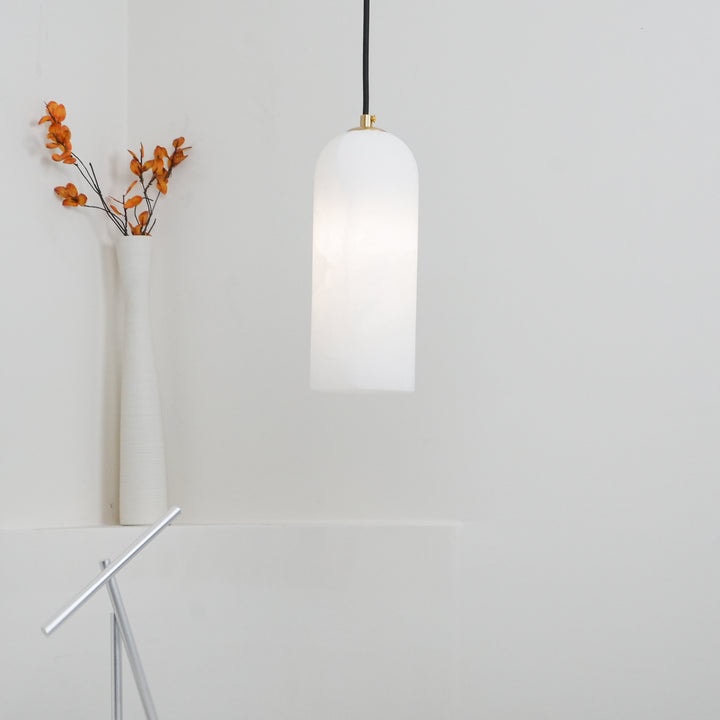 Slim Alabaster Cylinder Pendant Light with Solid Brass Canopy for Kitchen Island