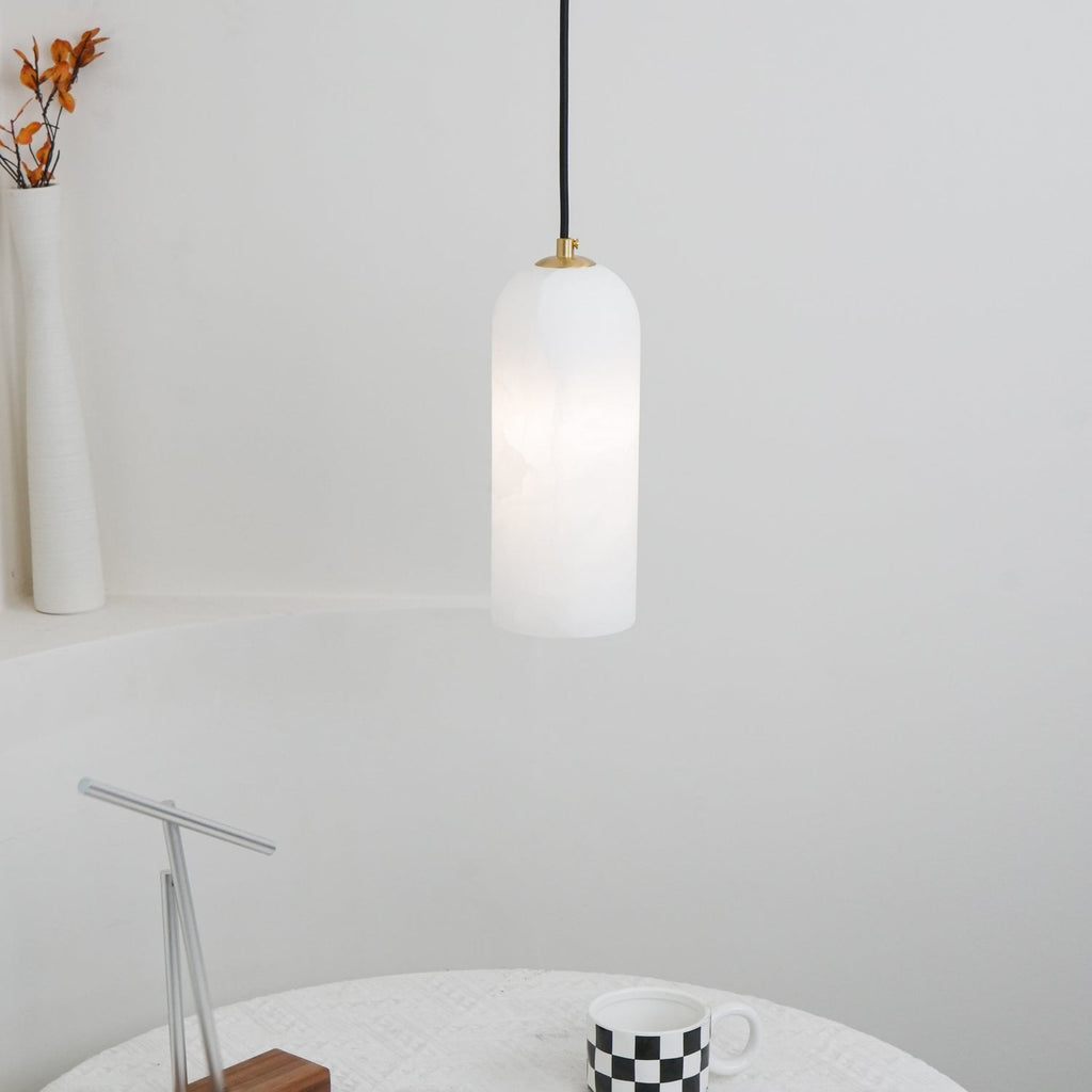 Slim Alabaster Cylinder Pendant Light with Solid Brass Canopy for Kitchen Island