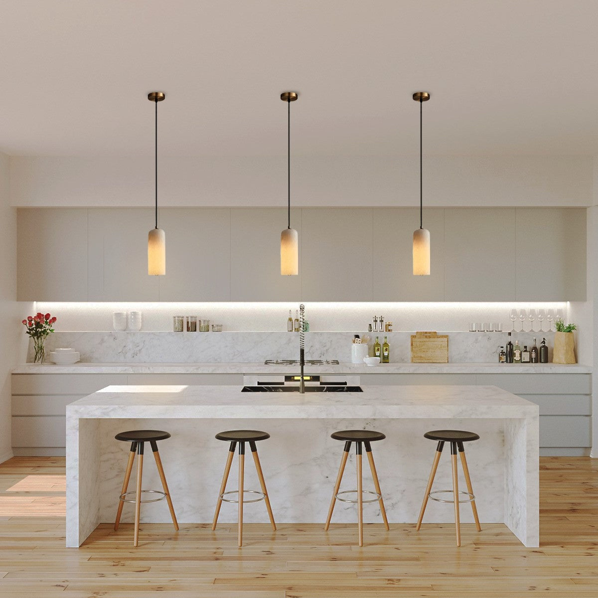 Slim Alabaster Cylinder Pendant Light with Solid Brass Canopy for Kitchen Island