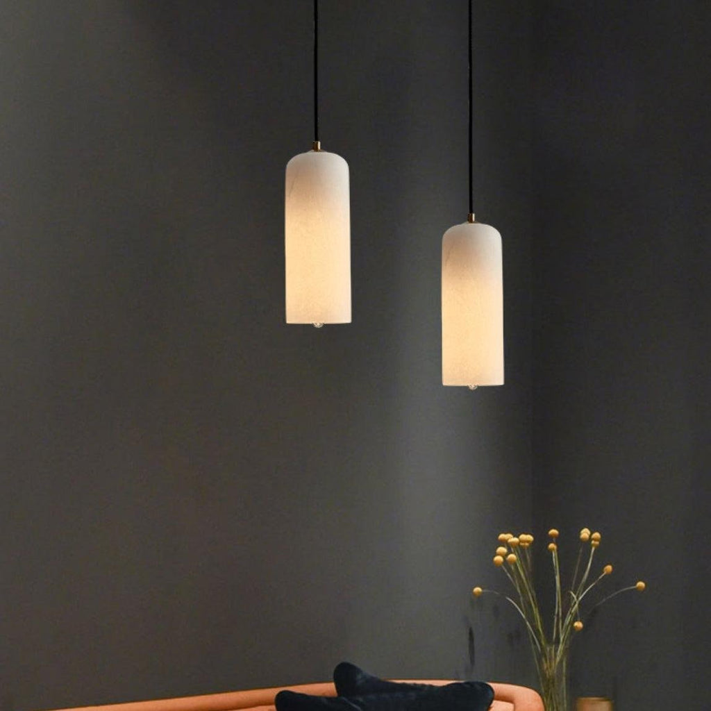 Slim Alabaster Cylinder Pendant Light with Solid Brass Canopy for Kitchen Island