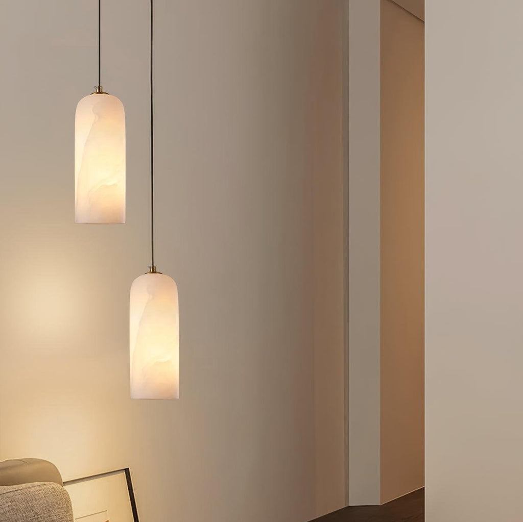 Slim Alabaster Cylinder Pendant Light with Solid Brass Canopy for Kitchen Island