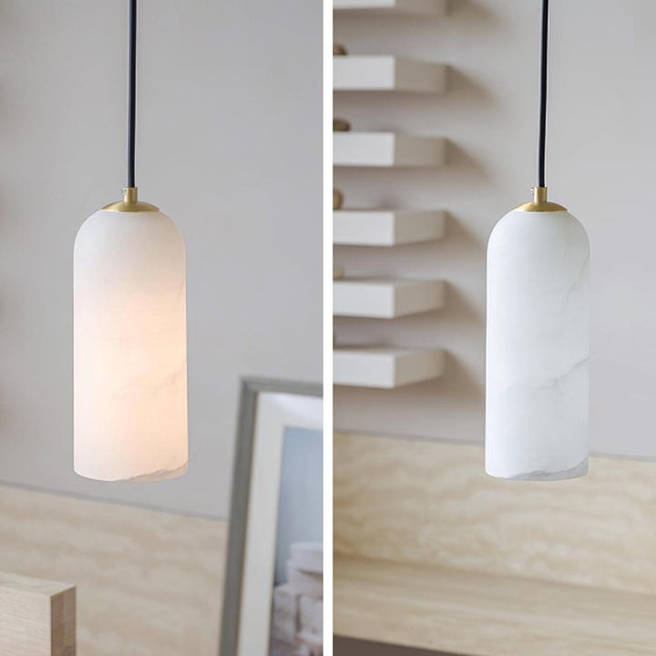 Slim Alabaster Cylinder Pendant Light with Solid Brass Canopy for Kitchen Island