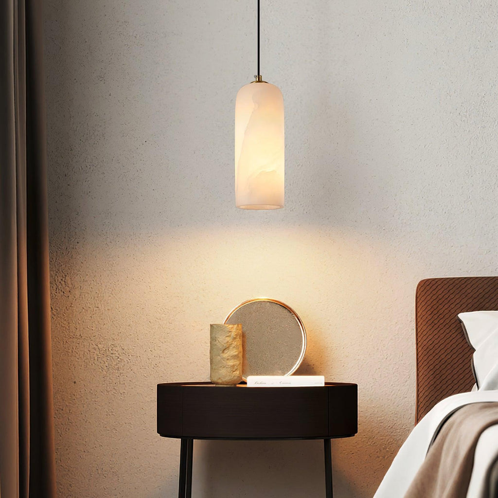 Slim Alabaster Cylinder Pendant Light with Solid Brass Canopy for Kitchen Island