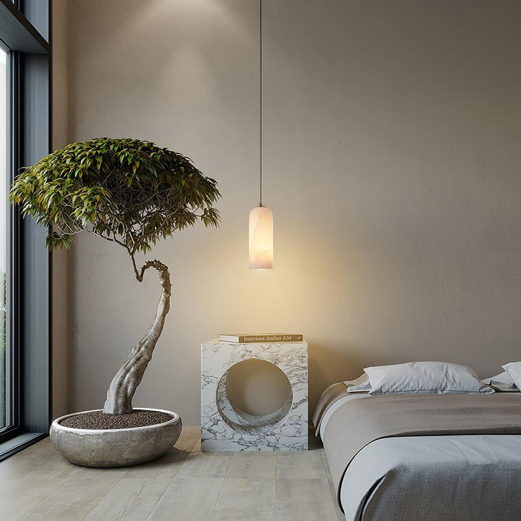 Slim Alabaster Cylinder Pendant Light with Solid Brass Canopy for Kitchen Island