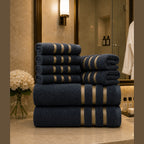 Soft Absorbent Bath Towel Set with Gold Stripe Border for Bathroom