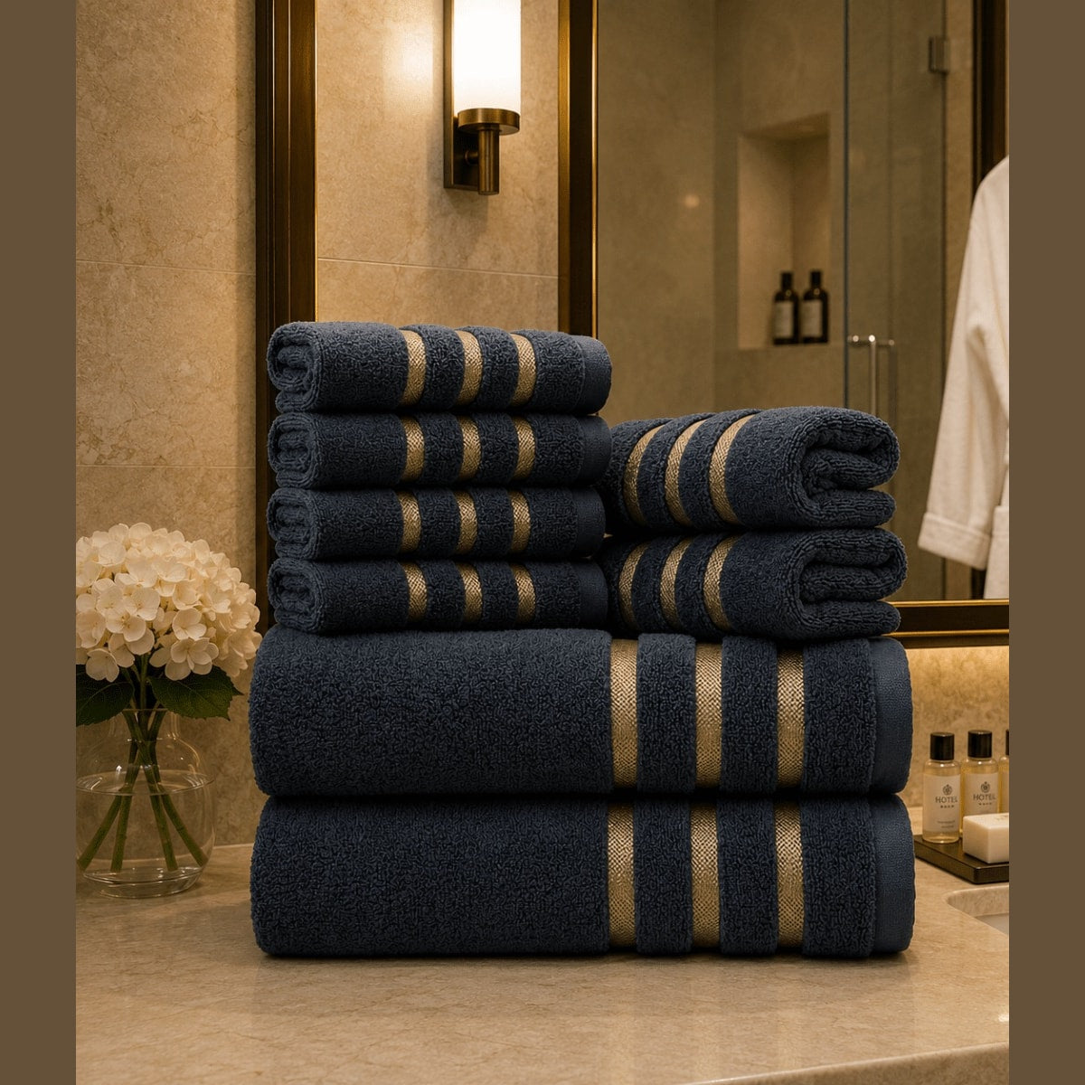 Soft Absorbent Bath Towel Set with Gold Stripe Border for Bathroom