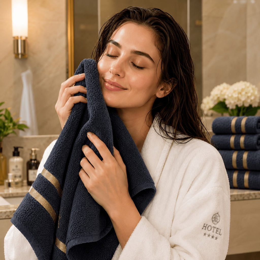Soft Absorbent Bath Towel Set with Gold Stripe Border for Bathroom