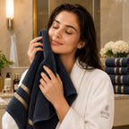 Soft Absorbent Bath Towel Set with Gold Stripe Border for Bathroom