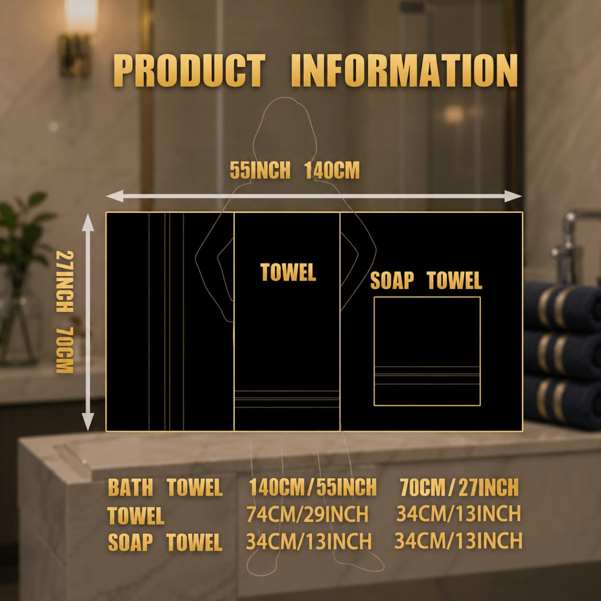 Soft Absorbent Bath Towel Set with Gold Stripe Border for Bathroom