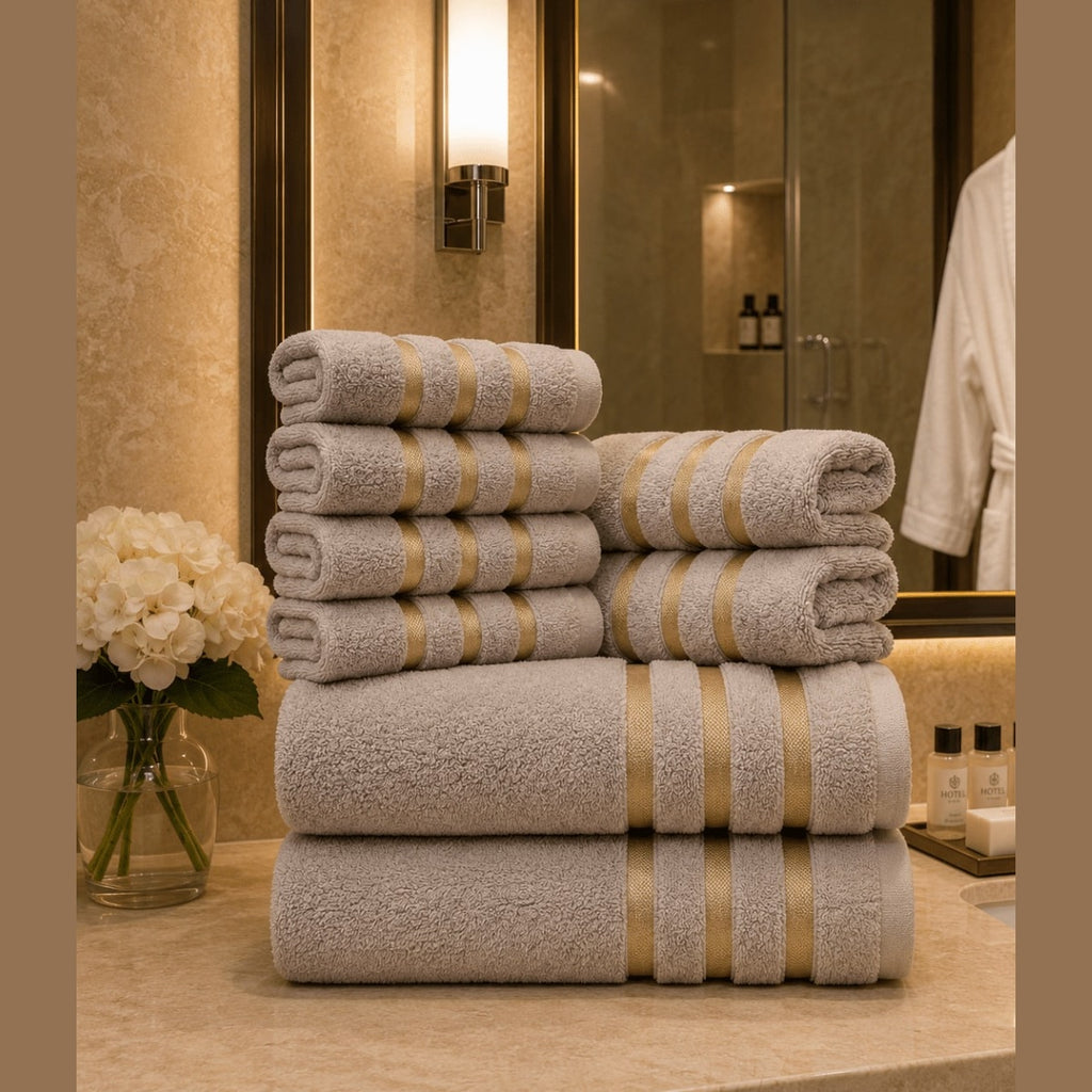 Soft Absorbent Bath Towel Set with Gold Stripe Border for Bathroom