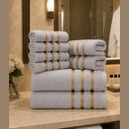 Soft Absorbent Bath Towel Set with Gold Stripe Border for Bathroom