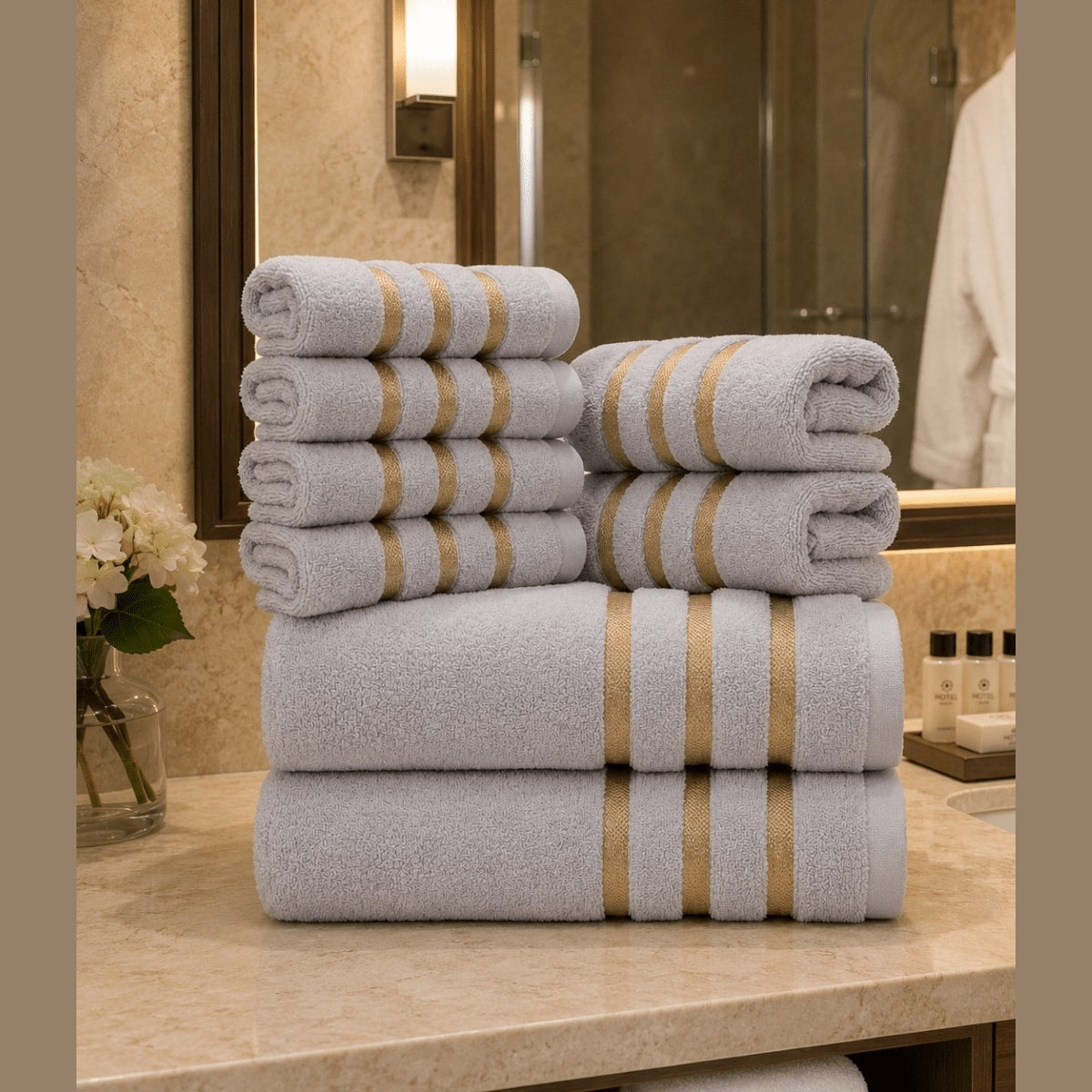 Soft Absorbent Bath Towel Set with Gold Stripe Border for Bathroom