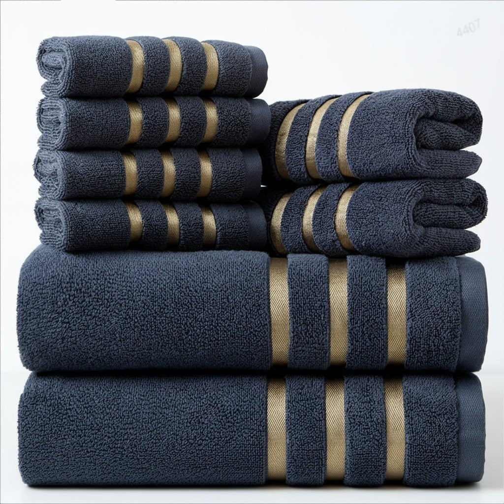Soft Absorbent Bath Towel Set with Gold Stripe Border for Bathroom