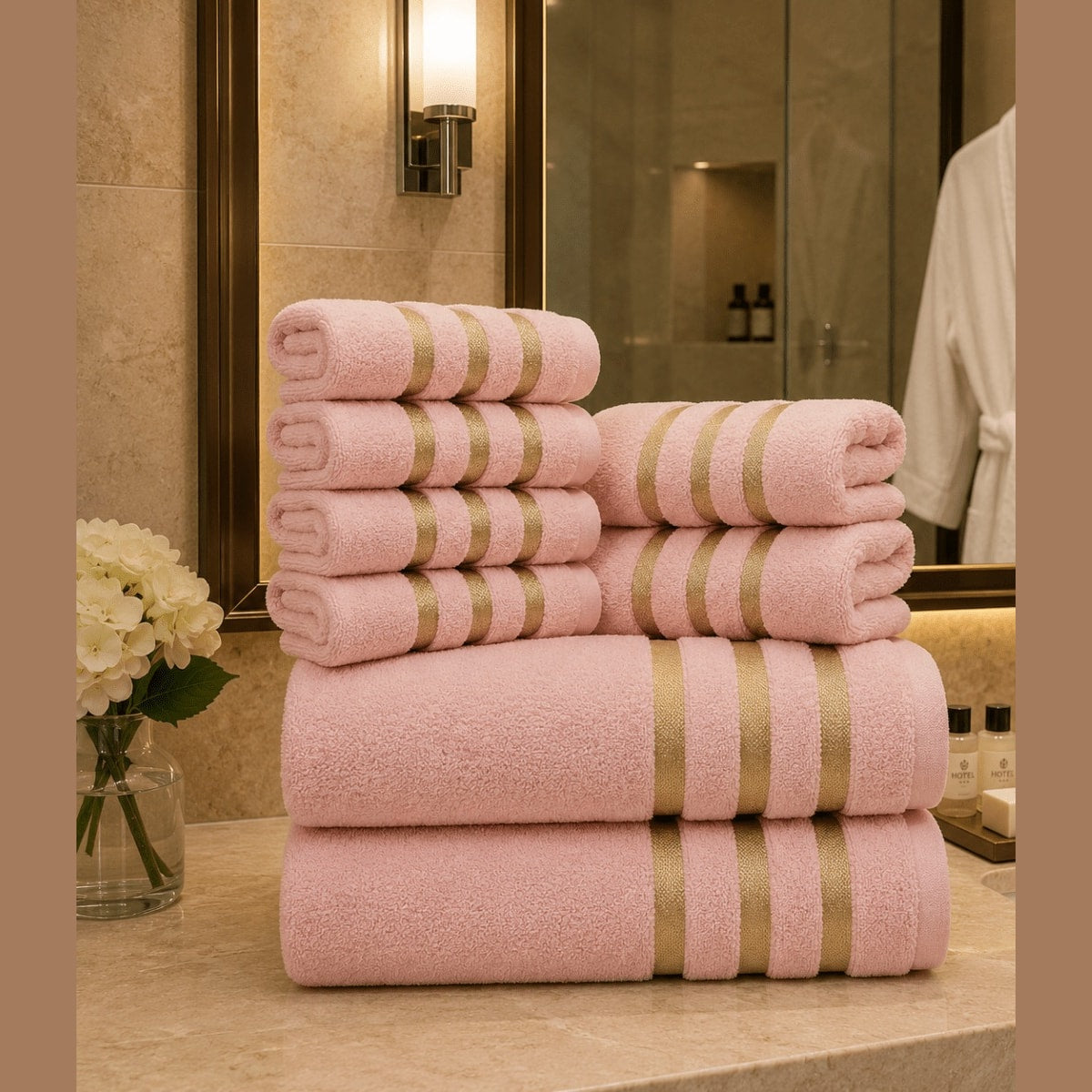 Soft Absorbent Bath Towel Set with Gold Stripe Border for Bathroom