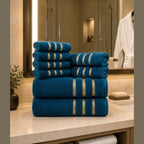 Soft Absorbent Bath Towel Set with Gold Stripe Border for Bathroom