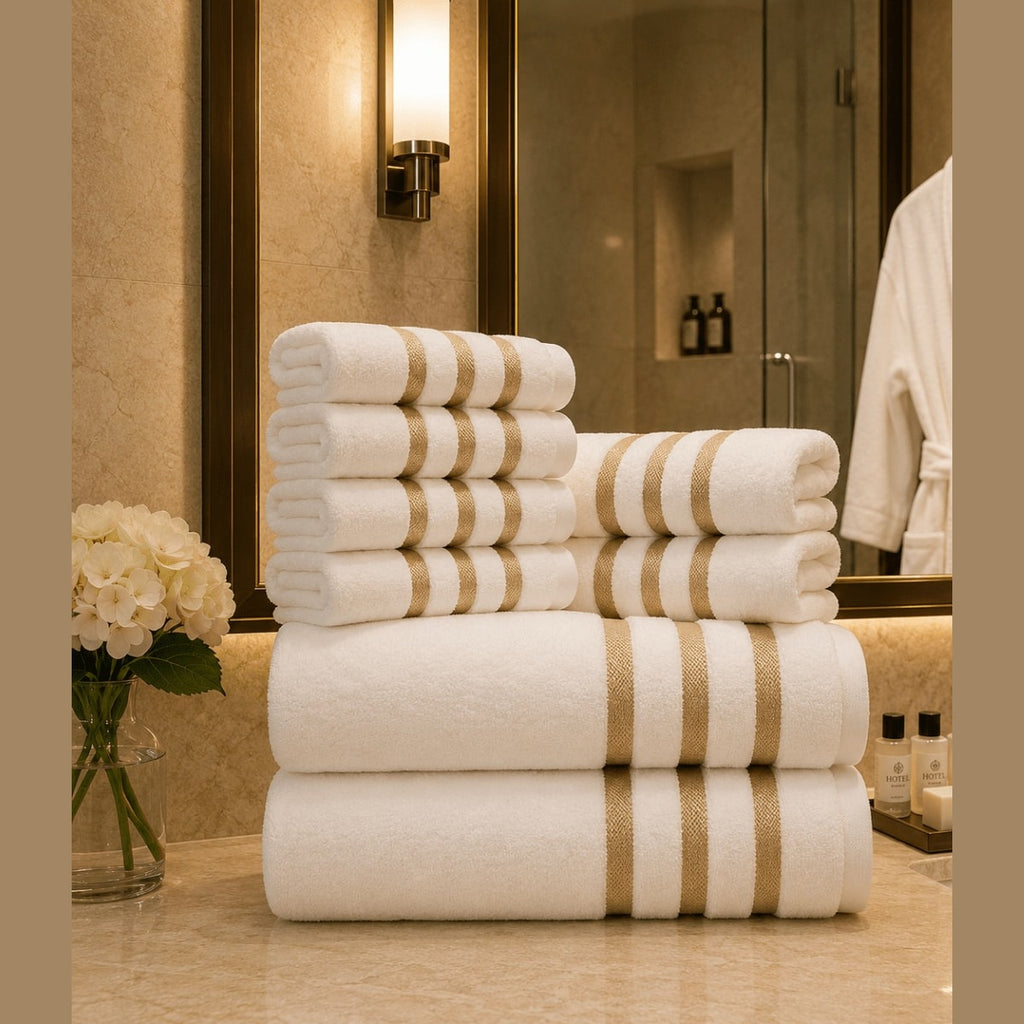Soft Absorbent Bath Towel Set with Gold Stripe Border for Bathroom