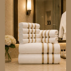 Soft Absorbent Bath Towel Set with Gold Stripe Border for Bathroom