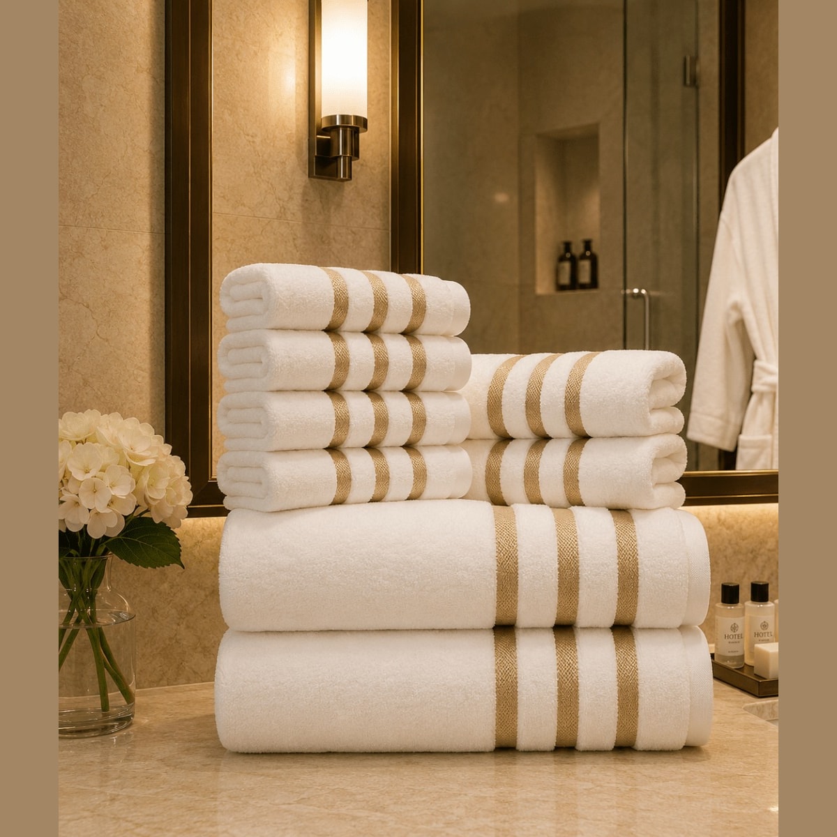 Soft Absorbent Bath Towel Set with Gold Stripe Border for Bathroom