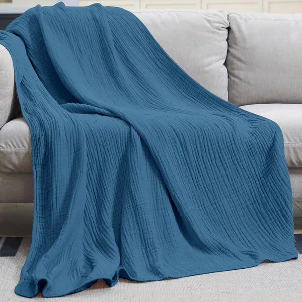 Soft Cotton Muslin Throw Blanket with Breathable Crinkle Texture for Sofa
