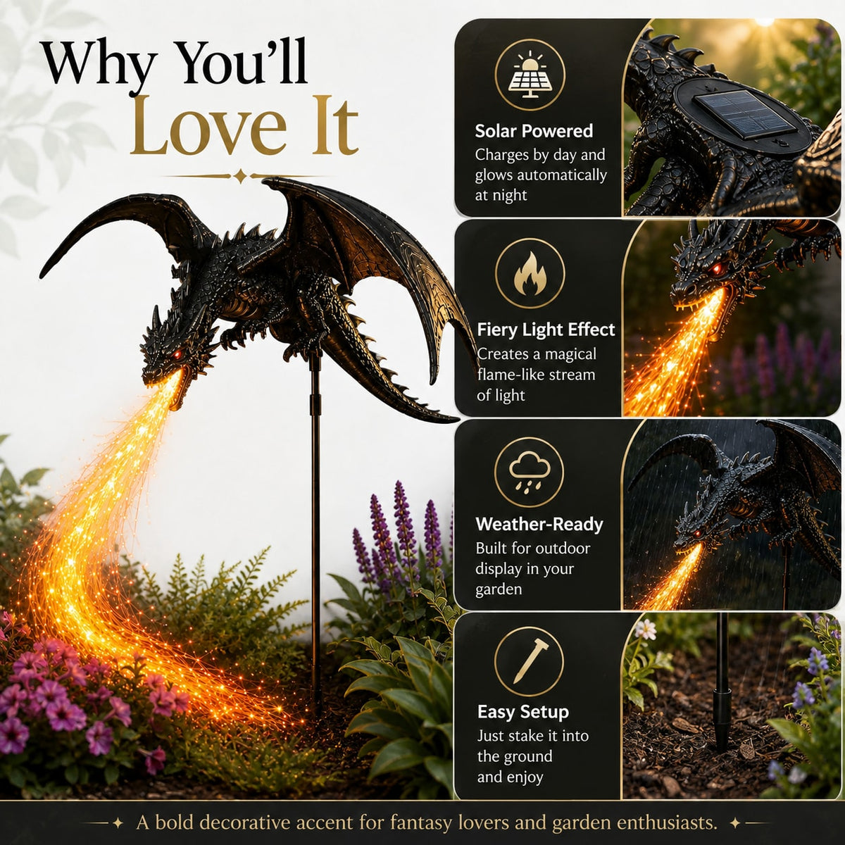 Solar Dragon Garden Light with Fiery LED Flame Effect for Yard and Pathway