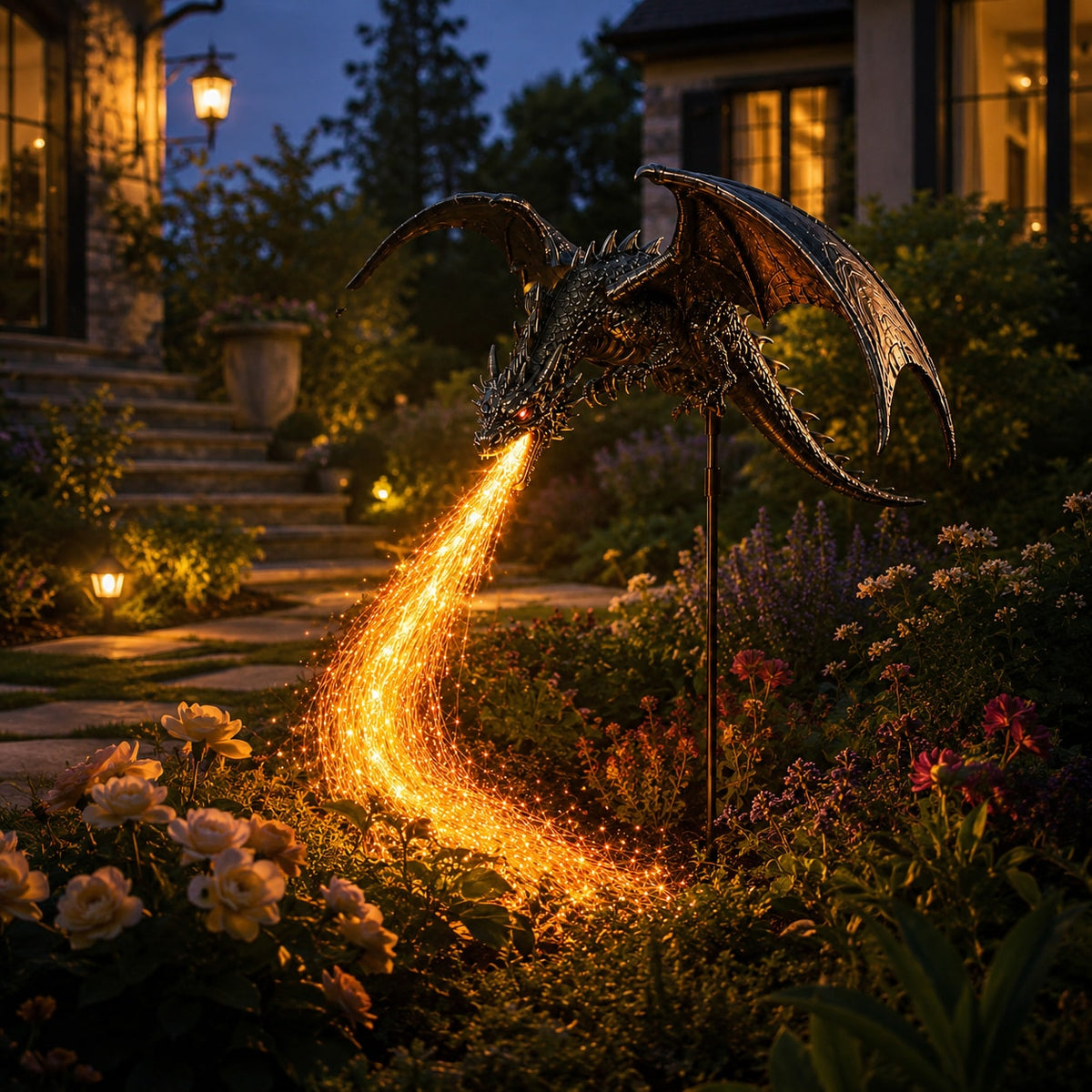 Solar Dragon Garden Light with Fiery LED Flame Effect for Yard and Pathway