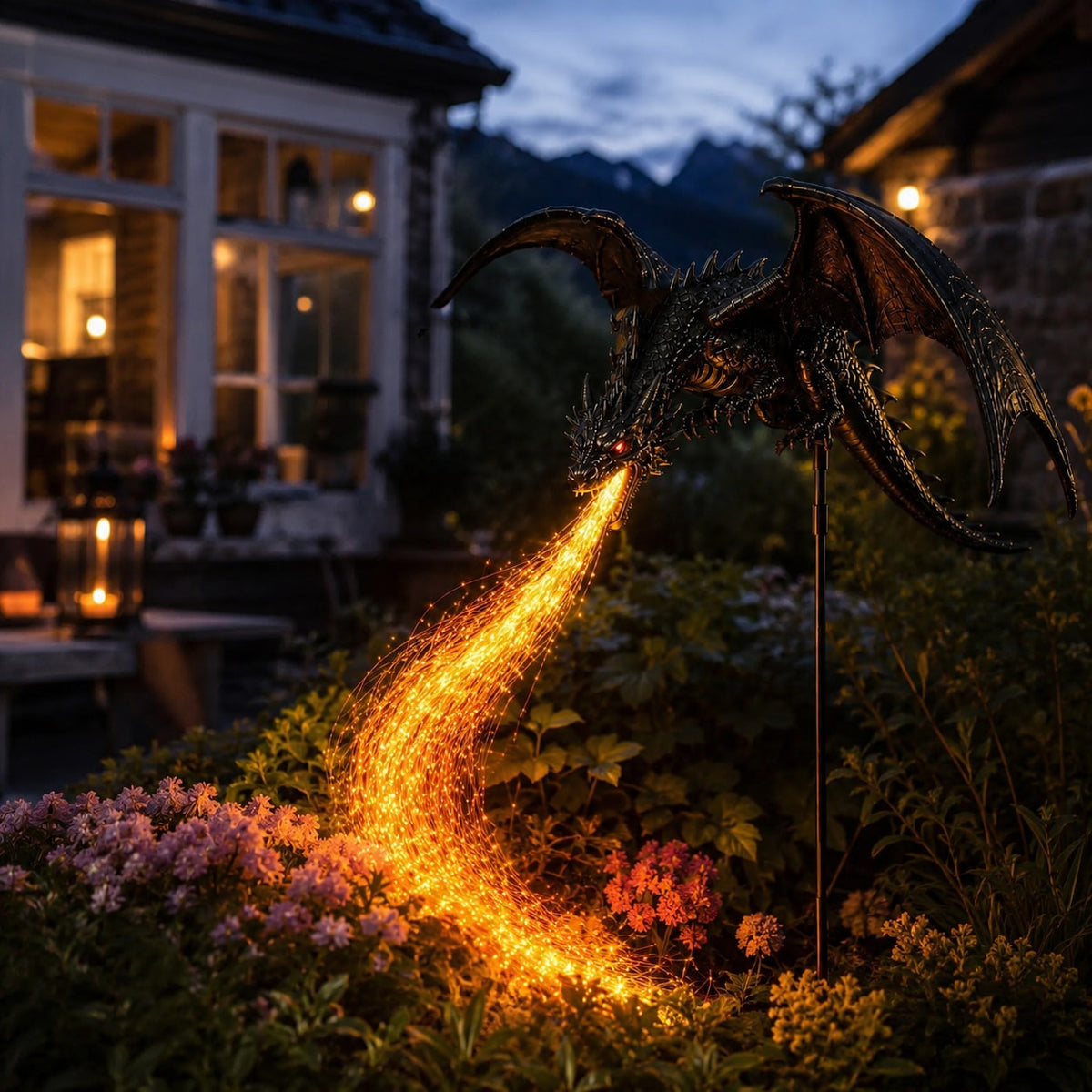 Solar Dragon Garden Light with Fiery LED Flame Effect for Yard and Pathway