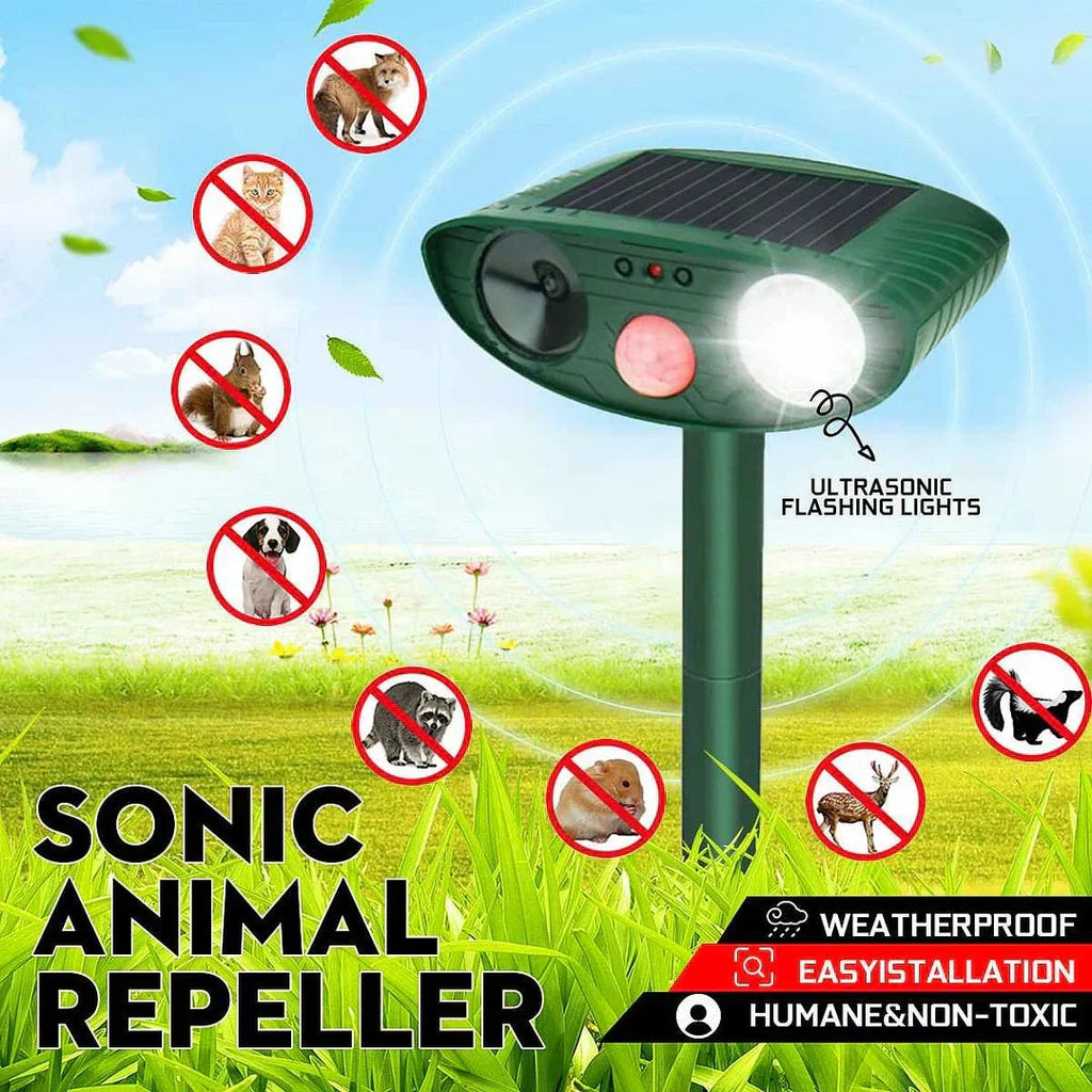 Solar Ultrasonic Deer Repeller with Motion Sensor and Flashing LED for Gardens
