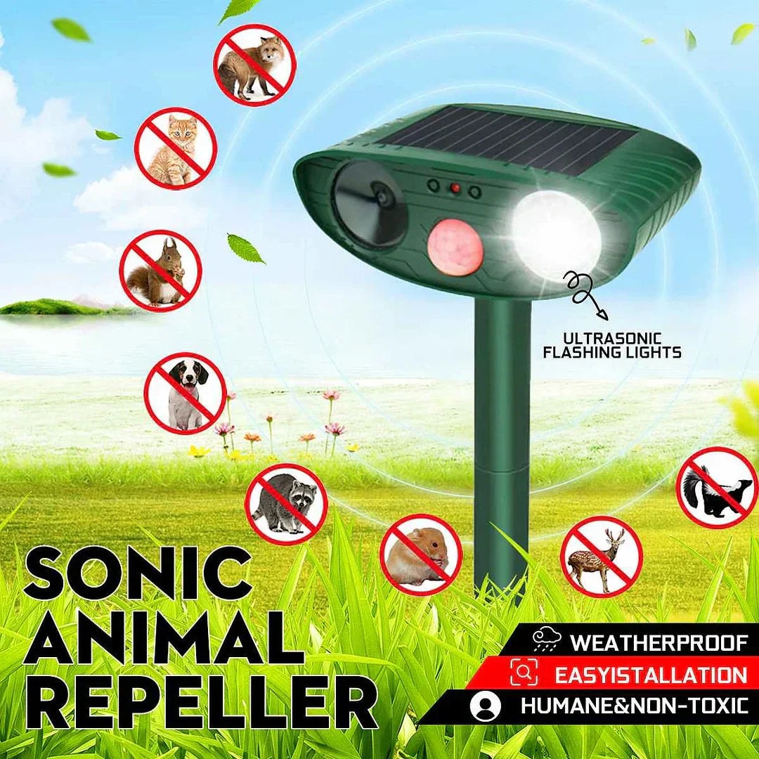 Solar Ultrasonic Deer Repeller with Motion Sensor and Flashing LED for Gardens