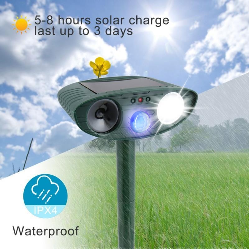Solar Ultrasonic Deer Repeller with Motion Sensor and Flashing LED for Gardens