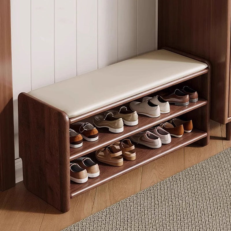 Solid Wood Shoe Storage Bench with Padded Leather Seat for Entryway
