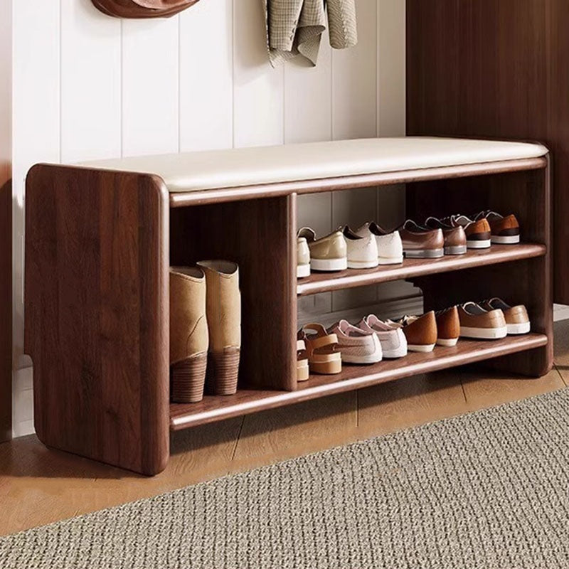 Solid Wood Shoe Storage Bench with Padded Leather Seat for Entryway