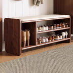 Solid Wood Shoe Storage Bench with Padded Leather Seat for Entryway