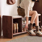 Solid Wood Shoe Storage Bench with Padded Leather Seat for Entryway