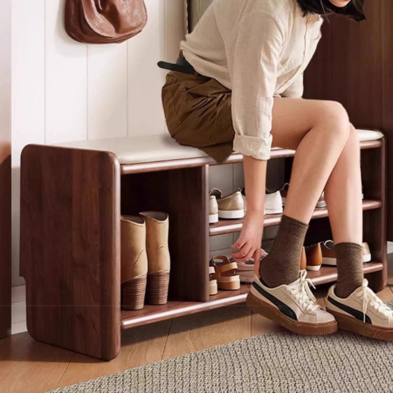 Solid Wood Shoe Storage Bench with Padded Leather Seat for Entryway