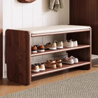 Solid Wood Shoe Storage Bench with Padded Leather Seat for Entryway