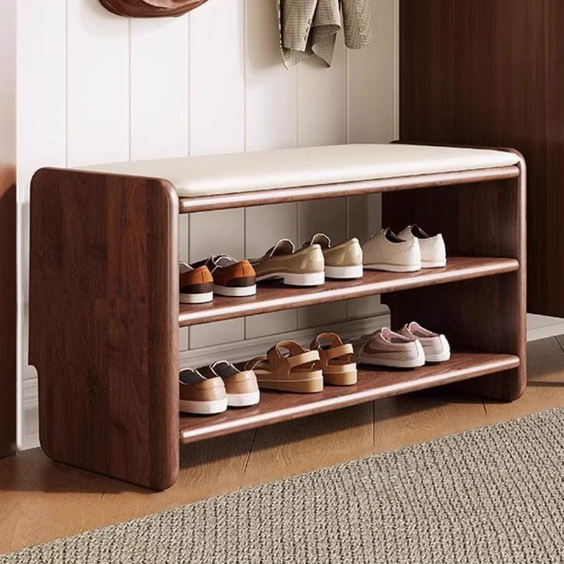 Solid Wood Shoe Storage Bench with Padded Leather Seat for Entryway