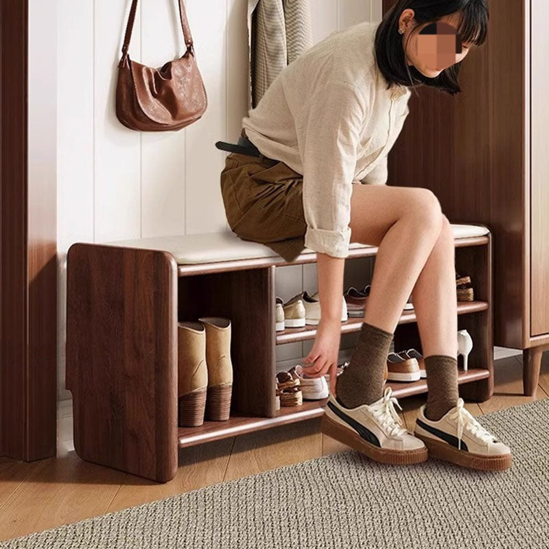 Solid Wood Shoe Storage Bench with Padded Leather Seat for Entryway