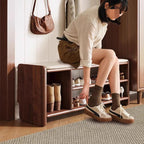 Solid Wood Shoe Storage Bench with Padded Leather Seat for Entryway