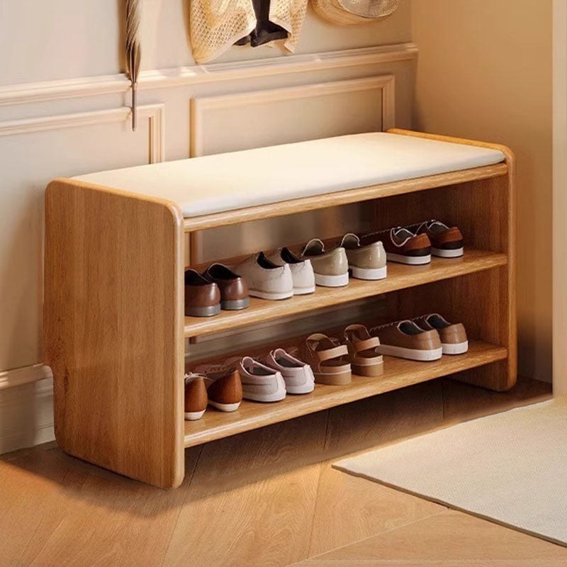 Solid Wood Shoe Storage Bench with Padded Leather Seat for Entryway