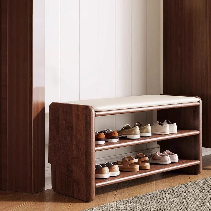 Solid Wood Shoe Storage Bench with Padded Leather Seat for Entryway