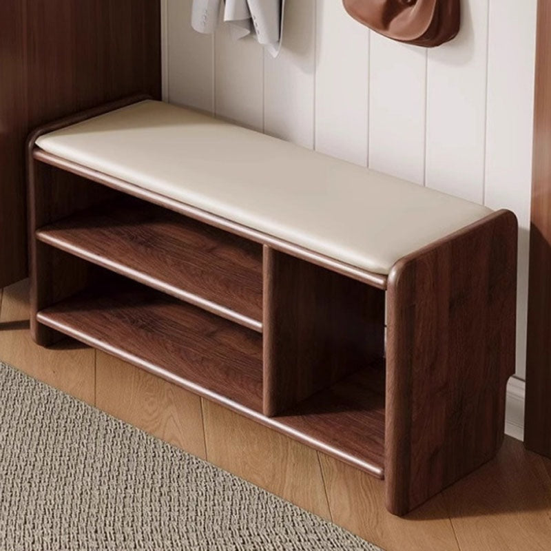 Solid Wood Shoe Storage Bench with Padded Leather Seat for Entryway