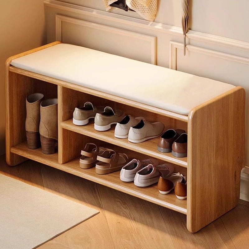 Solid Wood Shoe Storage Bench with Padded Leather Seat for Entryway