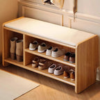 Solid Wood Shoe Storage Bench with Padded Leather Seat for Entryway