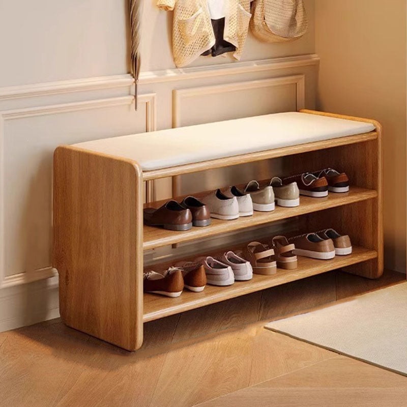 Solid Wood Shoe Storage Bench with Padded Leather Seat for Entryway