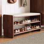 Solid Wood Shoe Storage Bench with Padded Leather Seat for Entryway